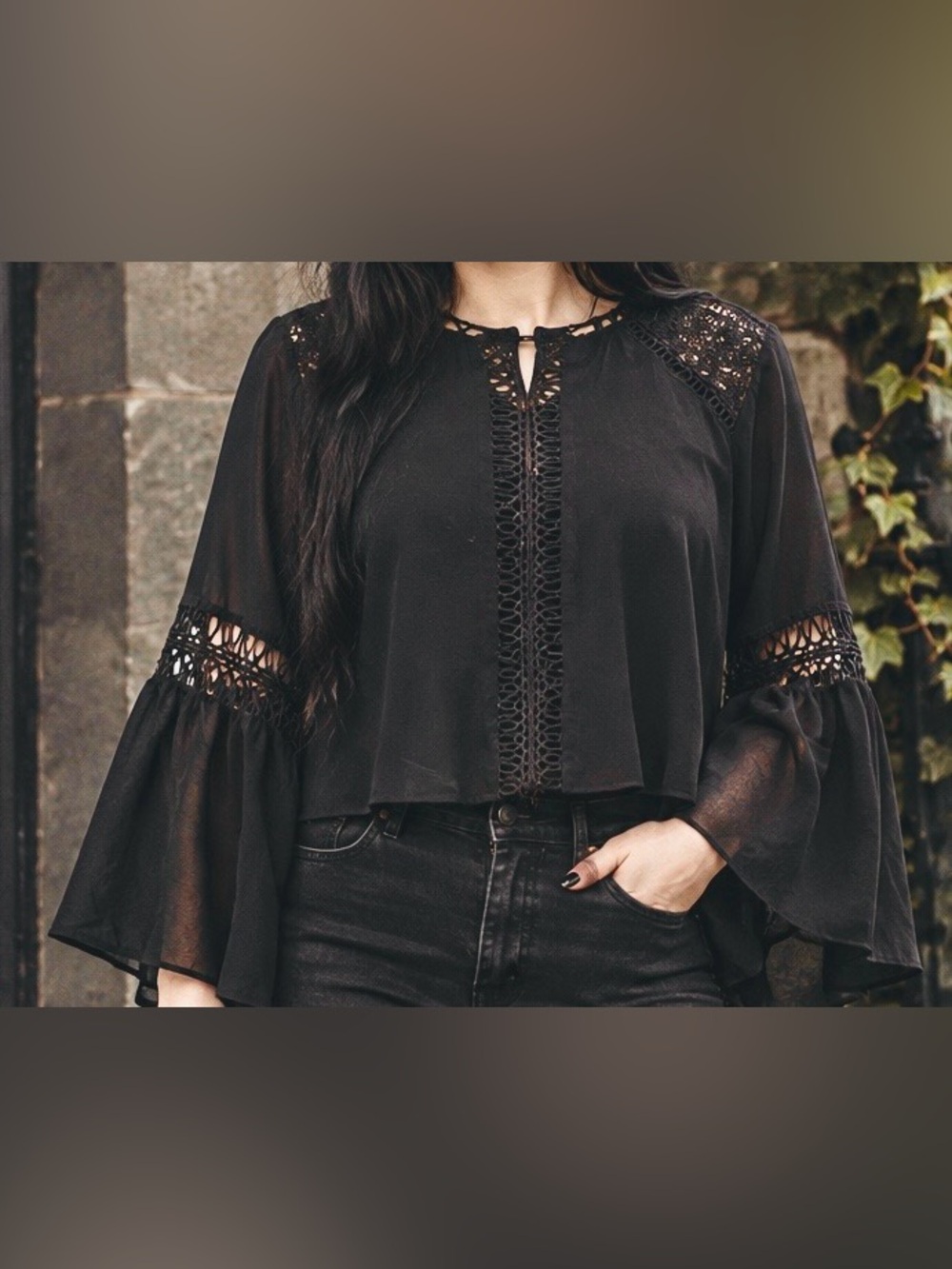 Tularosa Black Crochet-Trim Bell Sleeve Blouse